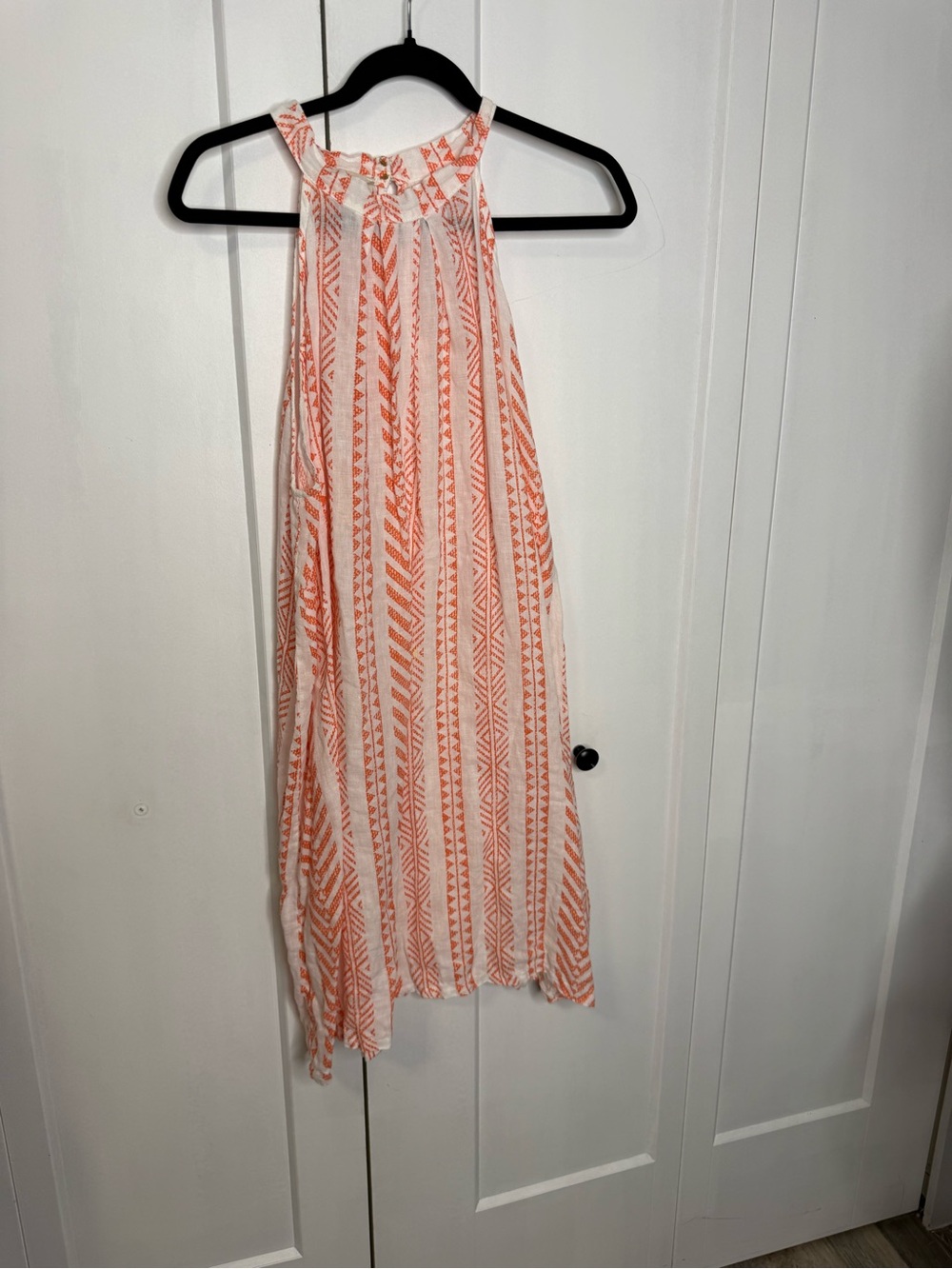 Sleeveless Halter neckline  Xl Linen mini Dress with Coral Geometric Print